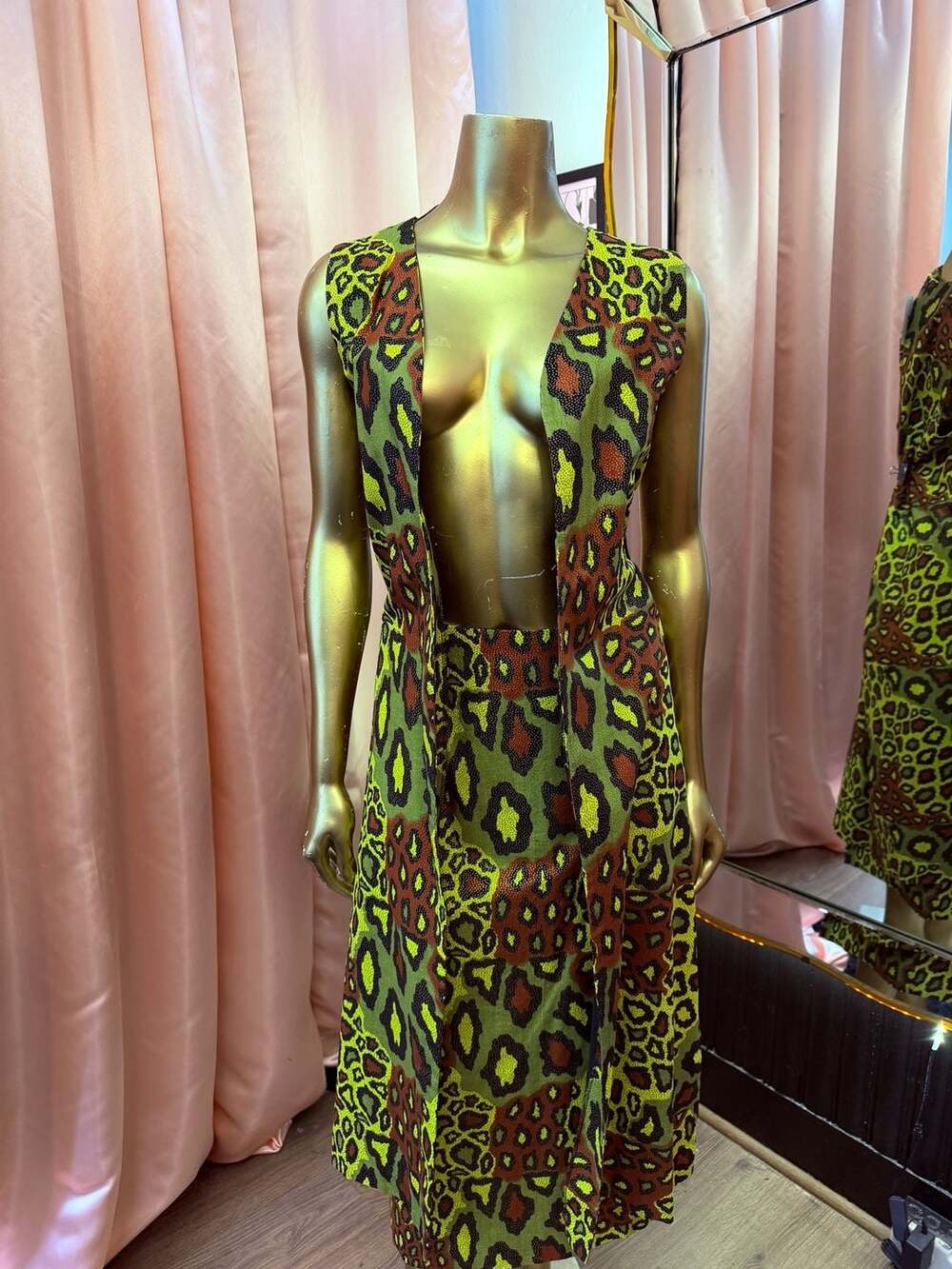 Vintage African Ankara Wax Print Leopard Spot Two Piece skirt and long vest set